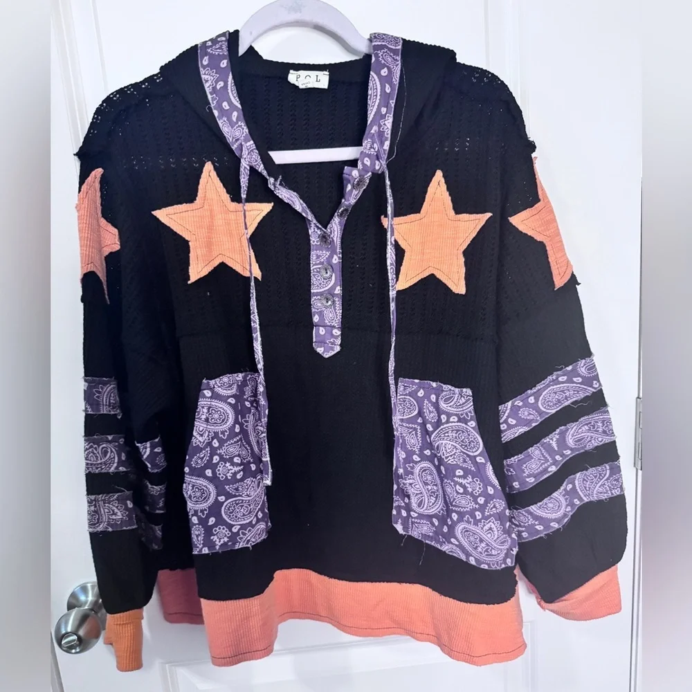 POL Orange Star Patchwork Thermal Hoodie - NWOT Size Small - Picture 1 of 5